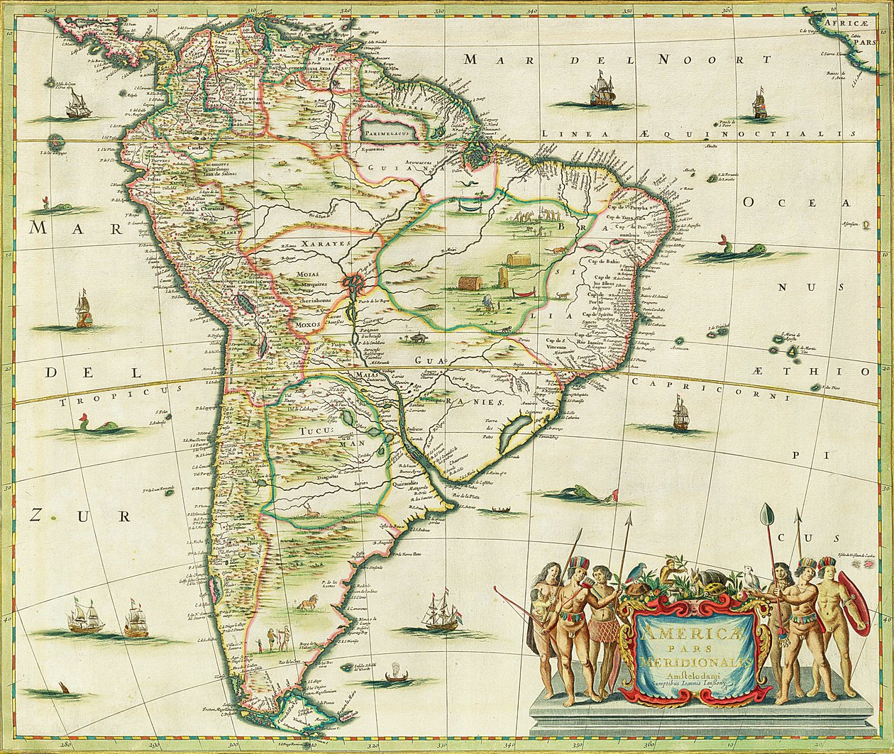 América Pars Meridionalis, página 93 do «Atlas Minor Sive Geografia Compendiosa, qua Orbis Terrarum», compilada por Nicolaes Visscher (1618-1709) 1655 (gravura colorida à mão) de Joannes Jansson