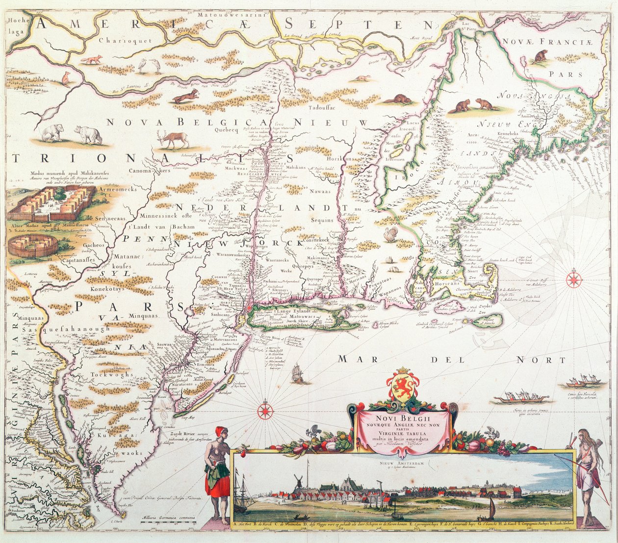 Mapa da Nova Bélgica com vista para Nova Amsterdã, compilado por Nicolaes Visscher (1618-1709) c.1651-55 (gravura colorida à mão) de Joannes Jansson
