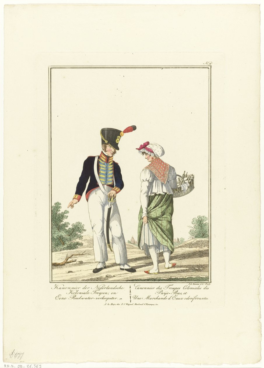 Gunner com um vendedor de colónia
Artilheiro das tropas coloniais holandesas, e um vendedor de perfumes
Fardas e fatos (título da série) de Joannes Bemme