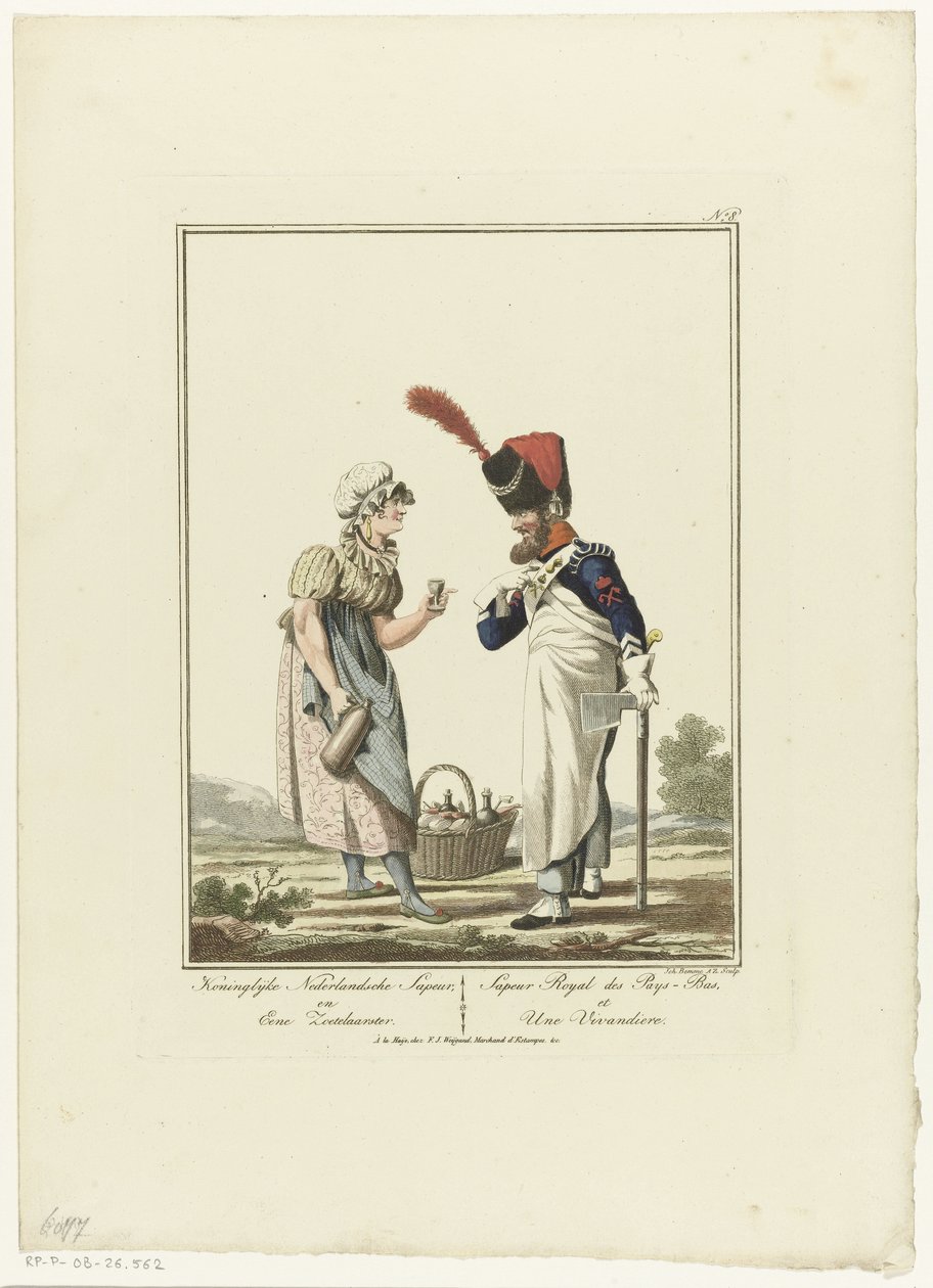 Sapper com um amor
Koninglijke Nederlandsche Sapeur en eene zoetelaarster (título sobre o objecto)
Fardas e fatos (título da série) de Joannes Bemme
