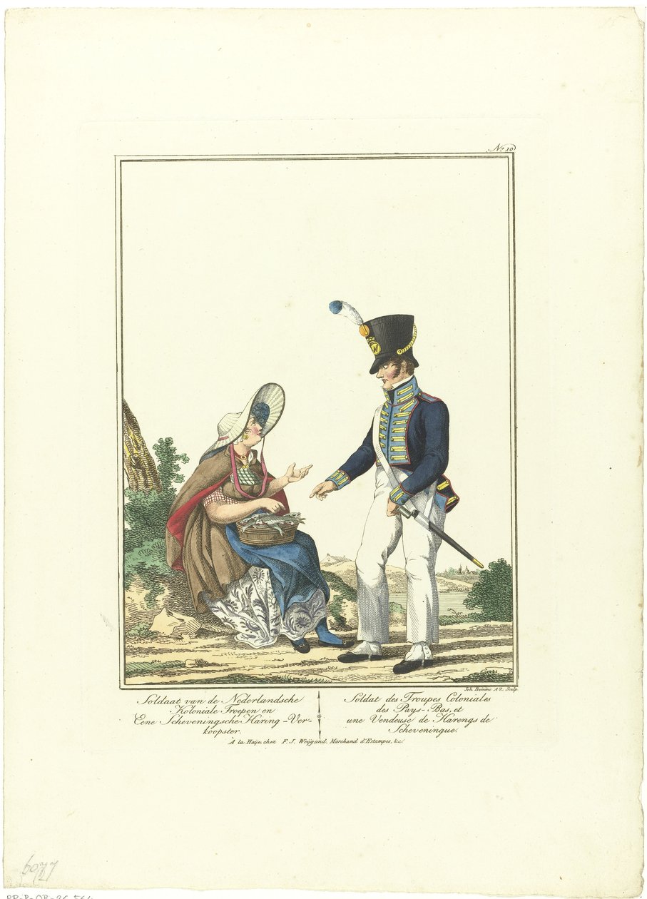 Soldado em um vendedor de arenques Soldado das tropas coloniais holandesas e um vendedor de arenque Scheveningen (título no objeto) Uniformes e fantasias (título da série) de Joannes Bemme