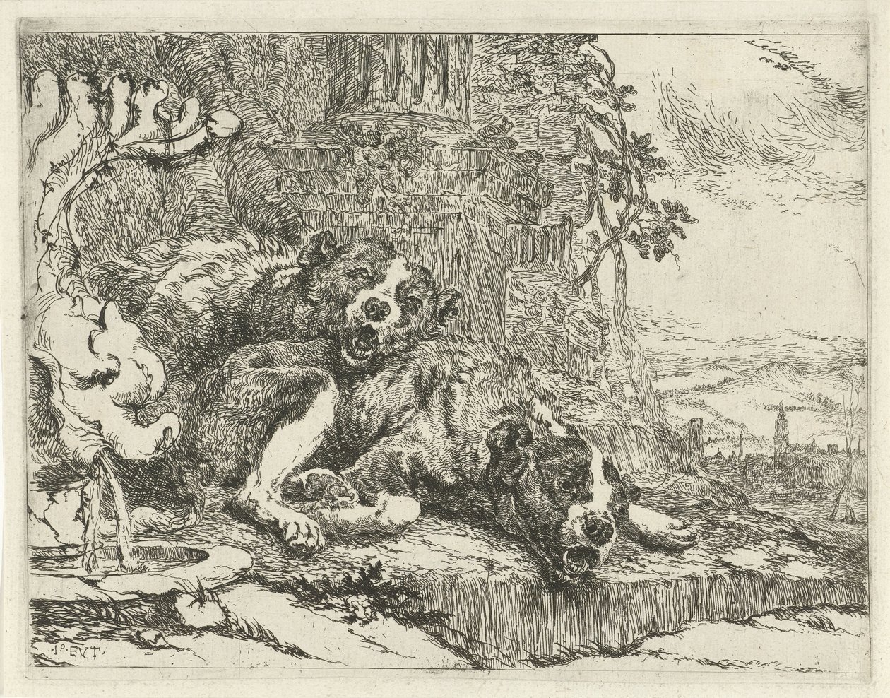 Dois cães deitados Cães (título da série) de Joannes Fijt