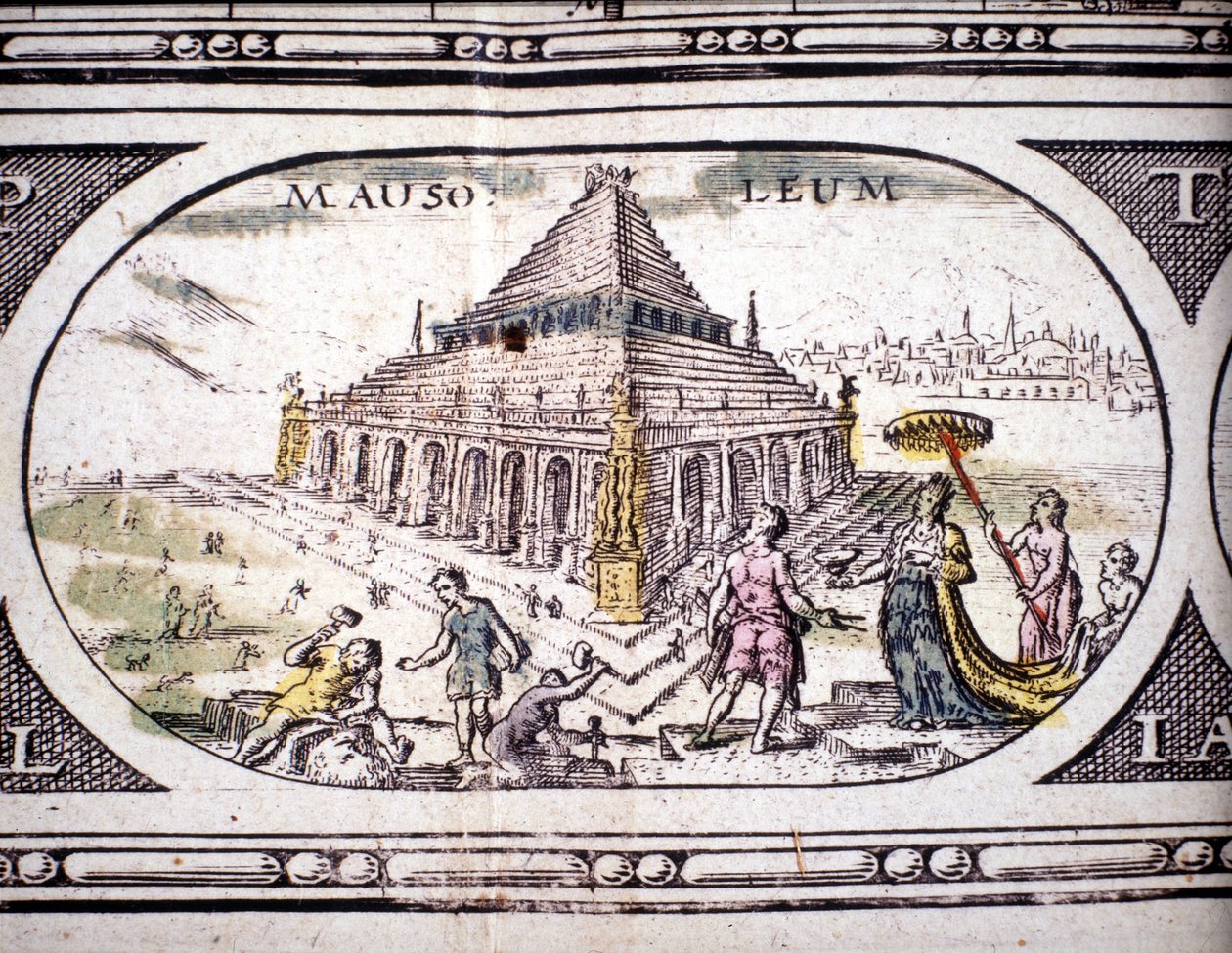 Representação das Sete Maravilhas da Antiguidade: o Mausoléu de Halicarnassus. no Atlas por Jansson Jannsonius impresso em Amesterdão em 1630. Coleção privada. de Joannes Jansson