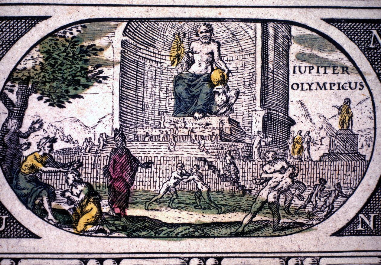 Representação das Sete Maravilhas da Antiguidade: a estátua de Júpiter (Zeus) de Phidias - em "O Atlas" de Jansson Jannsonius, impresso em Amsterdã em 1630 de Joannes Jansson