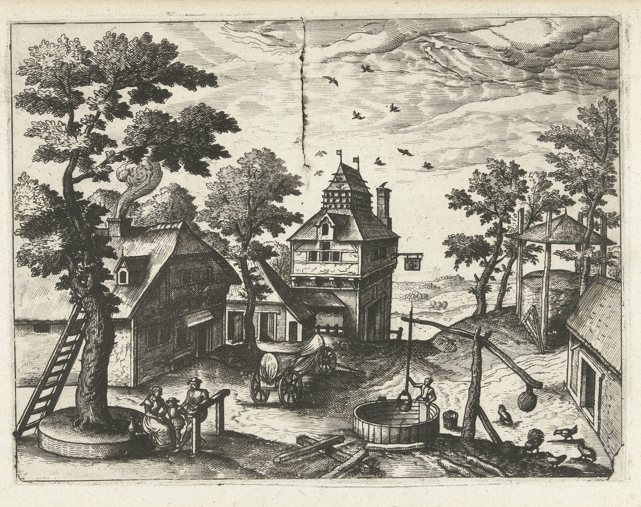 Pousada com poço Paisagens, marinhas e paisagens urbanas imaginativas (título da série) de Joannes van Doetechum (I) (attributed to)