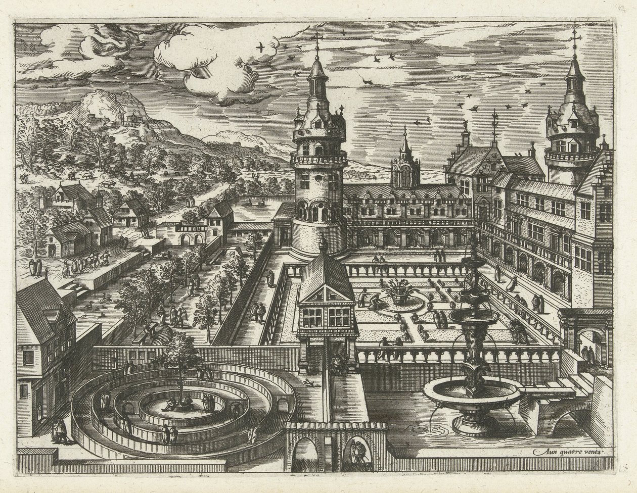 Castelo com labirinto e fonte
Paisagens, paisagens marinhas e paisagens urbanas imaginativas (título da série) de Joannes van Doetechum (I) (attributed to)