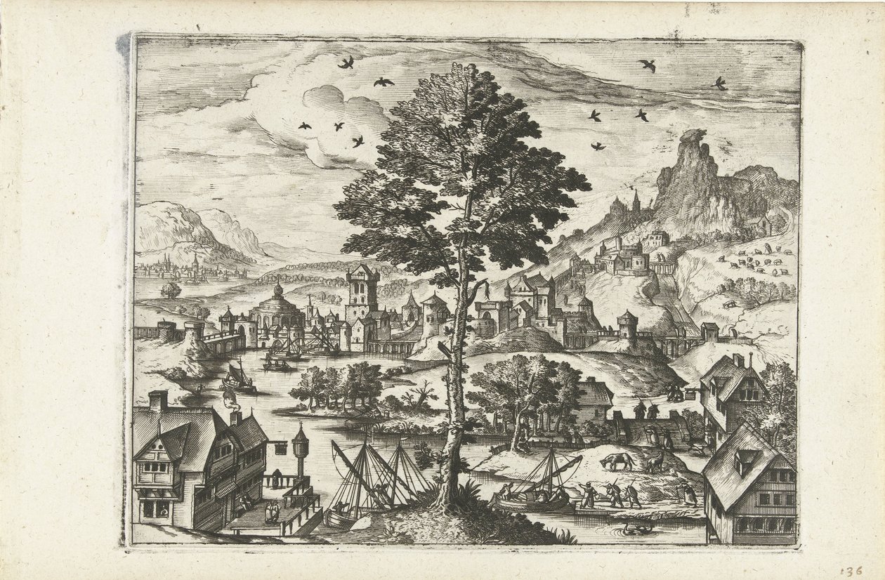 Paisagem com cidade no rio
Paisagens, paisagens marinhas e paisagens urbanas imaginativas (título da série) de Joannes van Doetechum (I) (attributed to)
