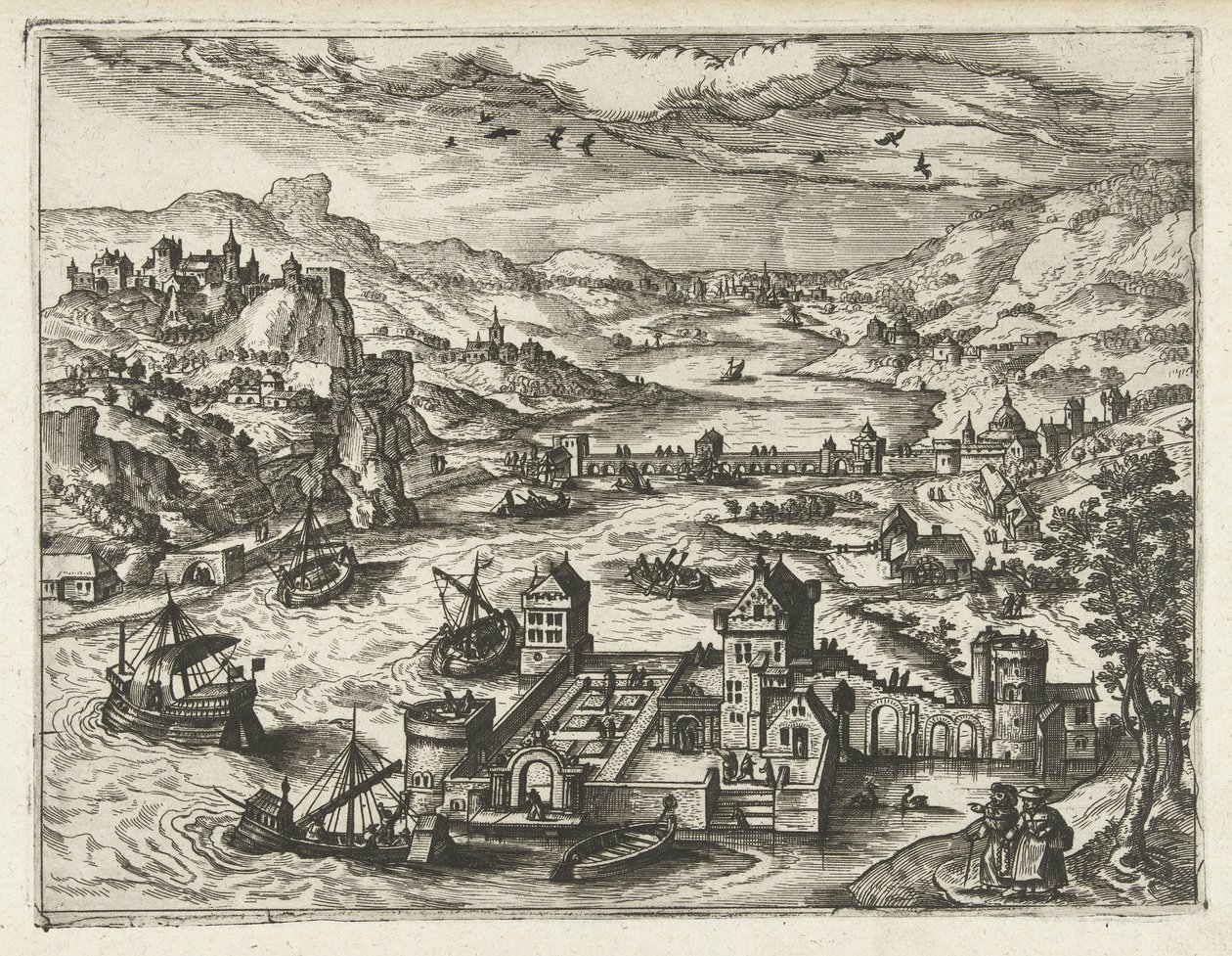 Paisagem fluvial com castelo de água
Paisagens, paisagens marinhas e paisagens urbanas imaginativas (título da série) de Joannes van Doetechum (I) (attributed to)