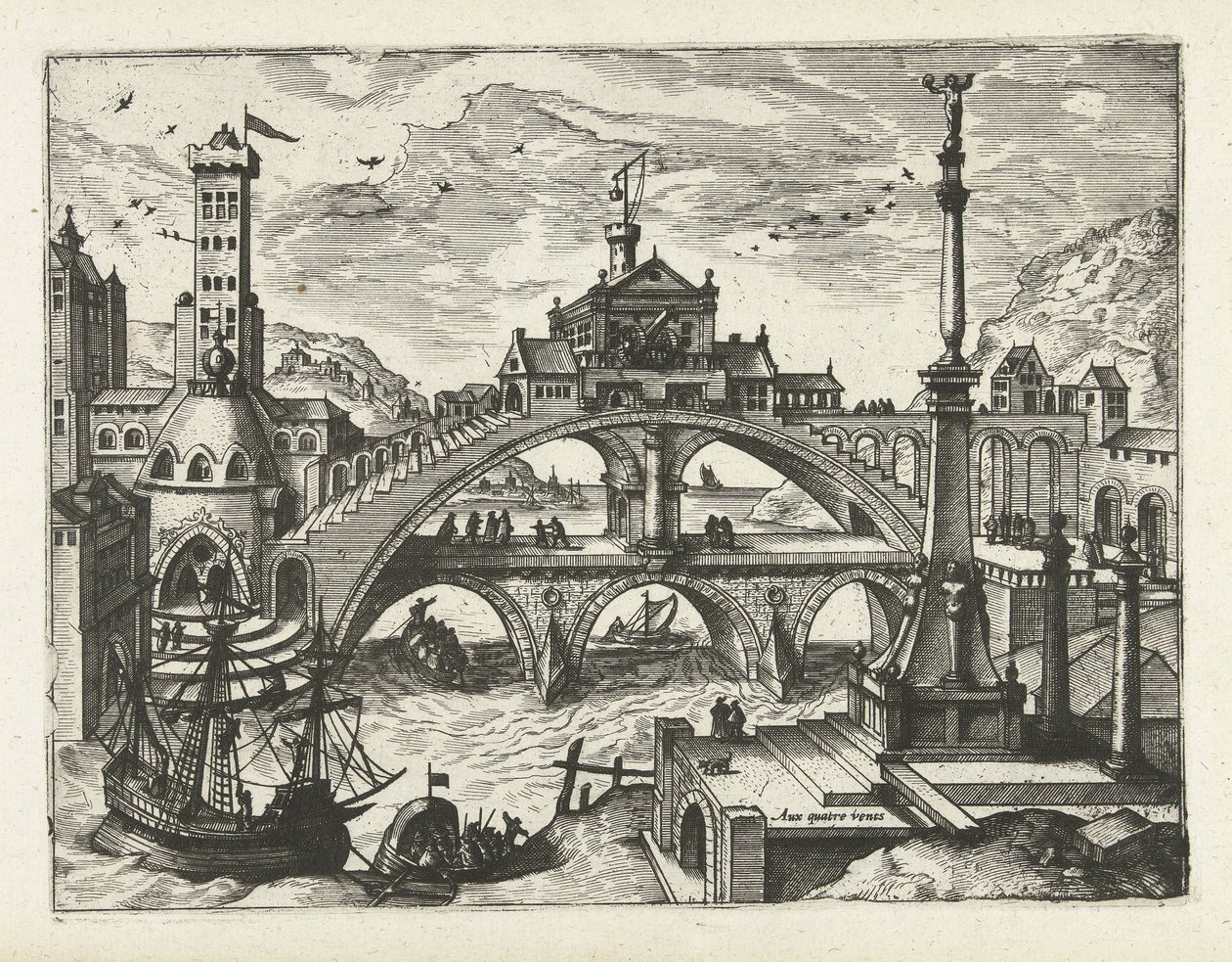 Cidade com ponte construída
Paisagens, paisagens marinhas e paisagens urbanas imaginativas (título da série) de Joannes van Doetechum (I) (attributed to)
