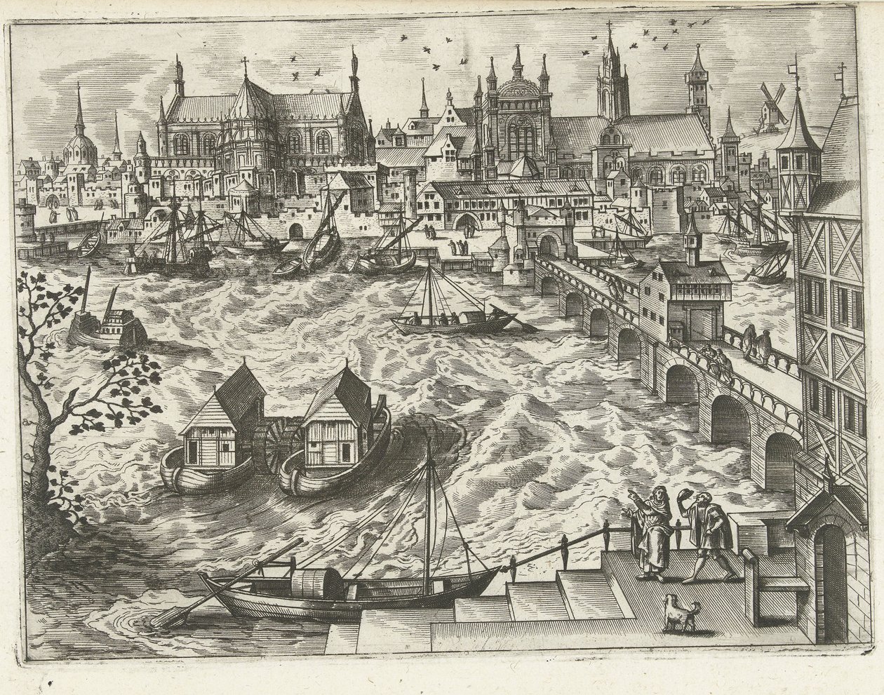 Arquitetura da cidade com ponte e porto Paisagens, marinhas e paisagens urbanas imaginativas (título da série) de Joannes van Doetechum (I) (attributed to)