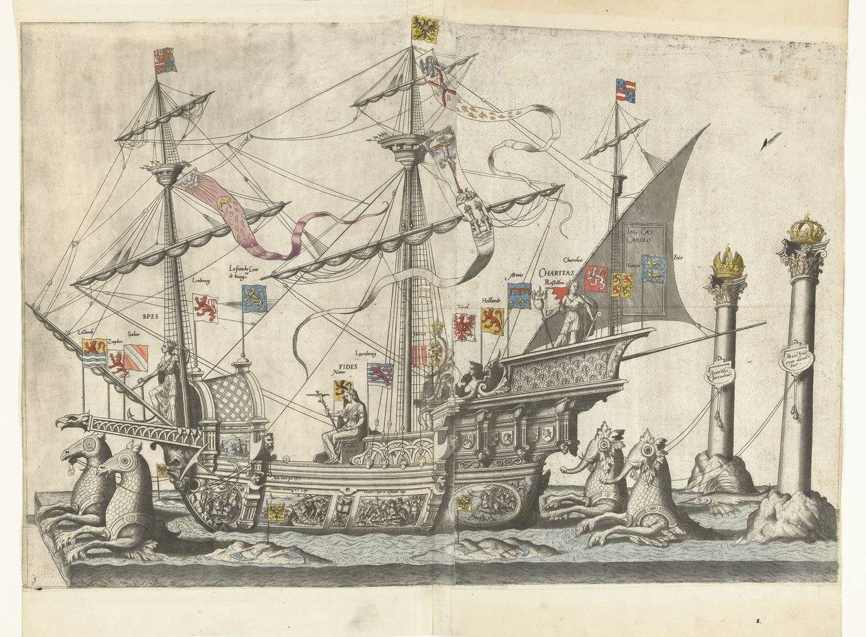 Het schip Victoria, nr. 5 Begrafenisoptocht van keizer Karel V, 1558 (título da série) A magnífica e suntuosa Bomba Funeral, realizada nos Obseques & Funerais do grandioso e muito vitorioso Imperador Carlos Quinto, Celebrado na Cidade de Bruxelas de Joannes van Doetechum (I)