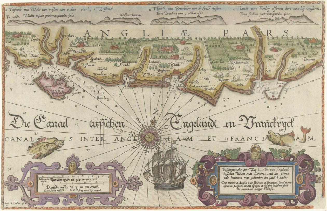 Mapa da costa inglesa entre a Ilha de Wight e Dover
Descriçãohe der zee Custen van Engelandt tuschen Wicht ende Doueren (...) (título sobre o objecto) de Joannes van Doetechum (I)