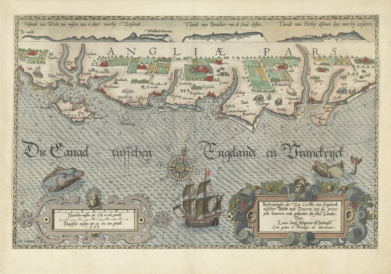 Mapa da costa sul da Inglaterra entre a Ilha de Wight e Dover Descriçãohe der Zee Custen van Englandt entre Wicht ende Doueren (título no objeto) de Joannes van Doetechum (I)