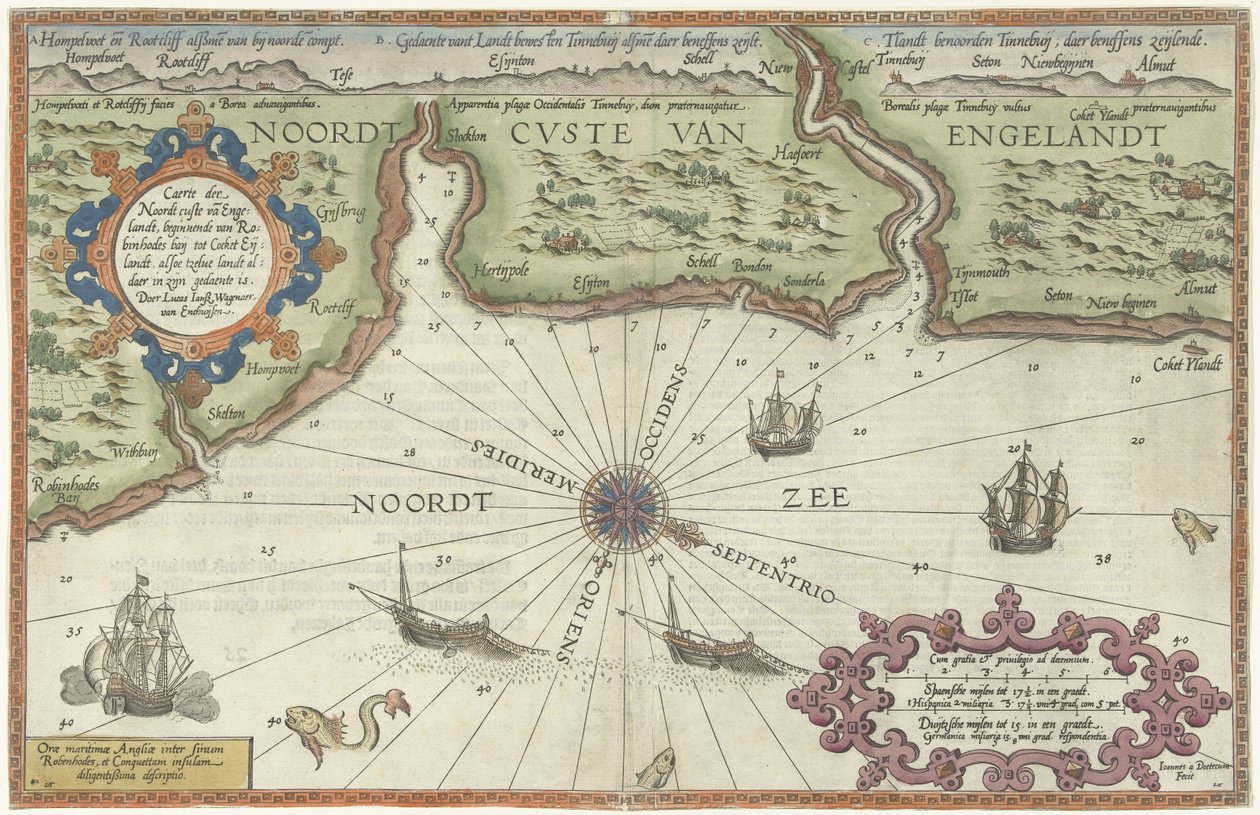 Mapa da costa norte da Inglaterra em Newcastle upon Tyne Caerte der Noordt custe van Englandt, começando de Robinhodes baij até Cocket Eijlandt (...) (título no objeto) de Joannes van Doetechum (I)