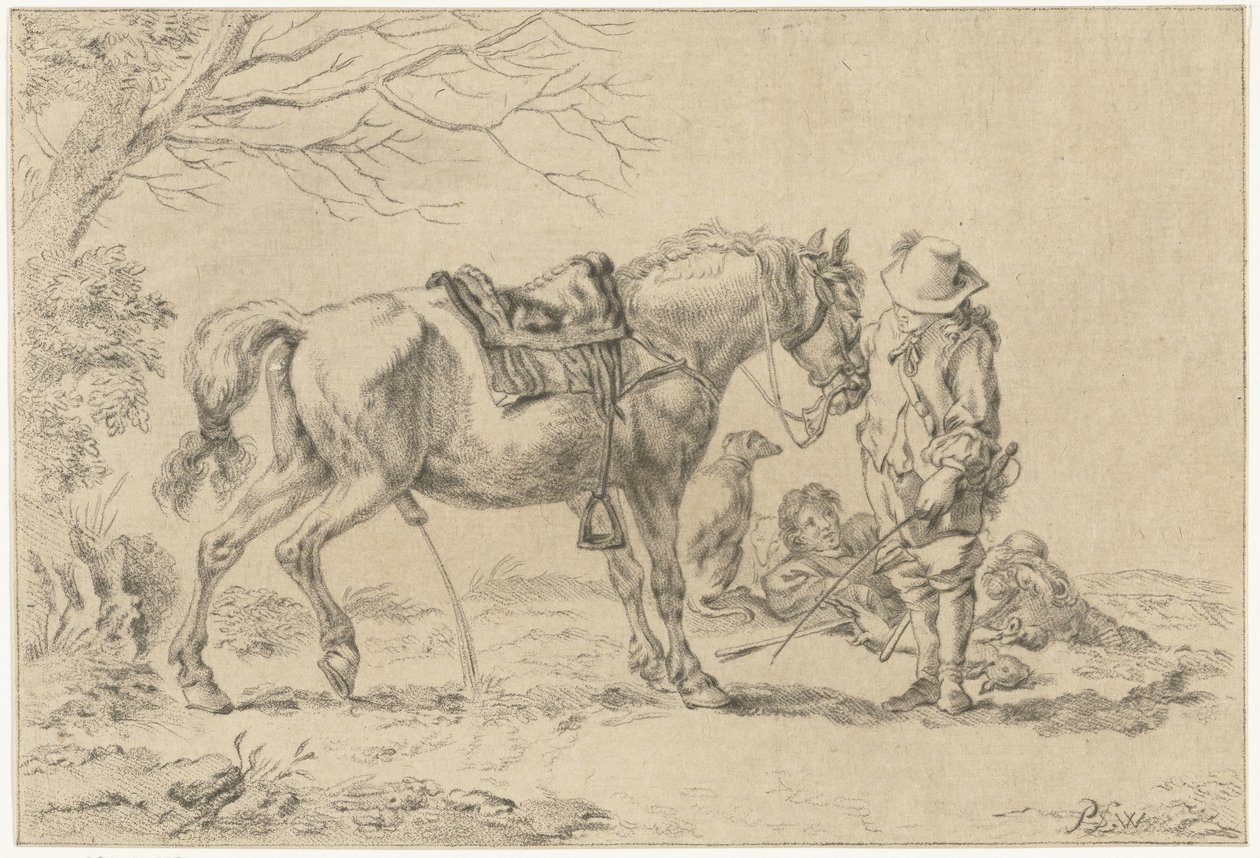 Cavaleiro ao lado de cavalo mijão de Joannis Jacobus Bijlaert