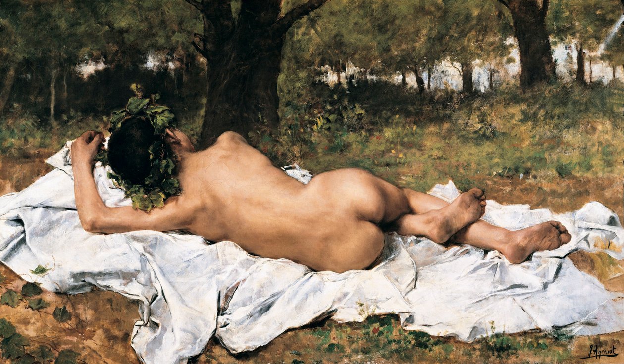 “" Baco jovem "" Baco de costas alonga-se sobre um lençol na relva. Pintura de Joaquin Agrasot y Juan (1836-1919) Por volta de 1872 Valência. Museu de Bellas Artes San Pio V. de Joaquin Agrasot y Juan