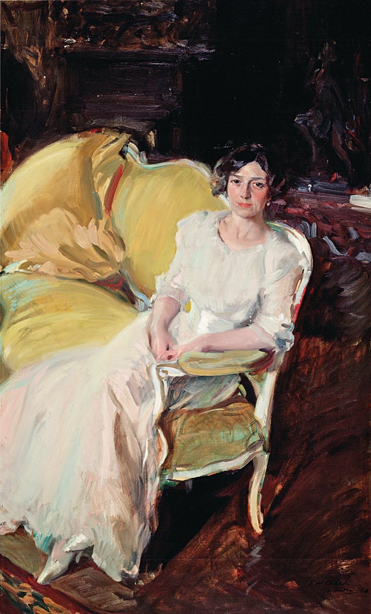 Clotilde sentada no sofá de Joaquín Sorolla