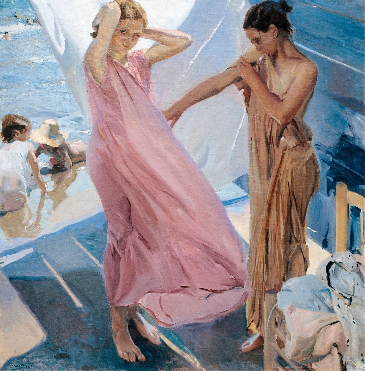 ""Apres le bain"" (Depois do Banho) duas jovens trocando de roupa após o banho no mar Pintura de Joaquin Sorolla y Bastida (1863-1923) - 1909 - Óleo sobre tela - Museo Sorolla Madrid de Joaquin Sorolla y Bastida