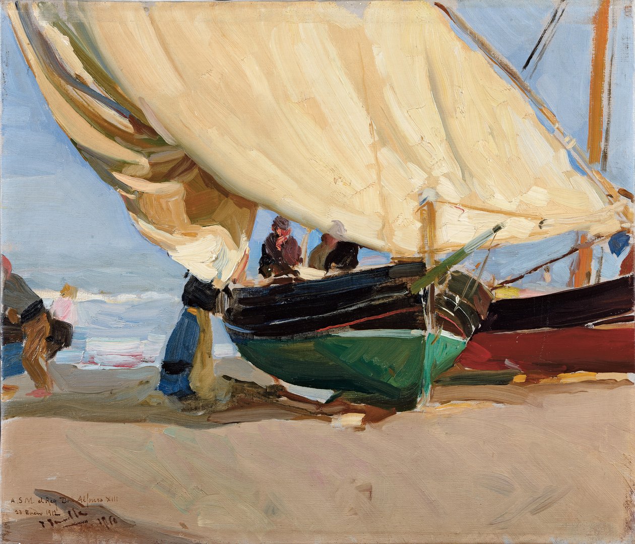 Pescadores, barcos encalhados, Valência; Pescadores, barcos encalhados, Valência, de Joaquín Sorolla