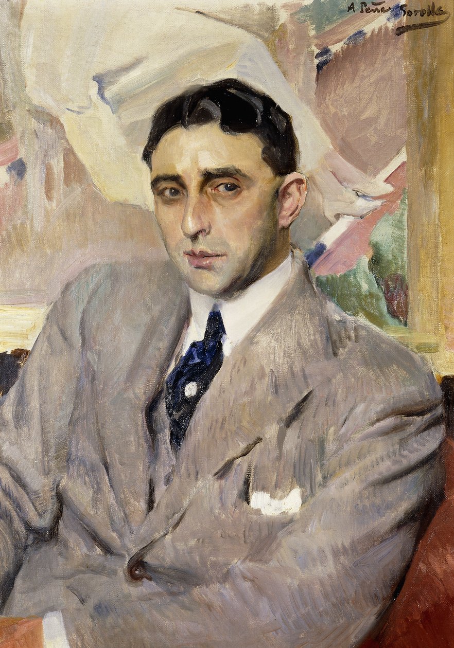 Retrato do ator, Ramon Pena, meio comprimento, vestindo um terno cinza, de Joaquín Sorolla