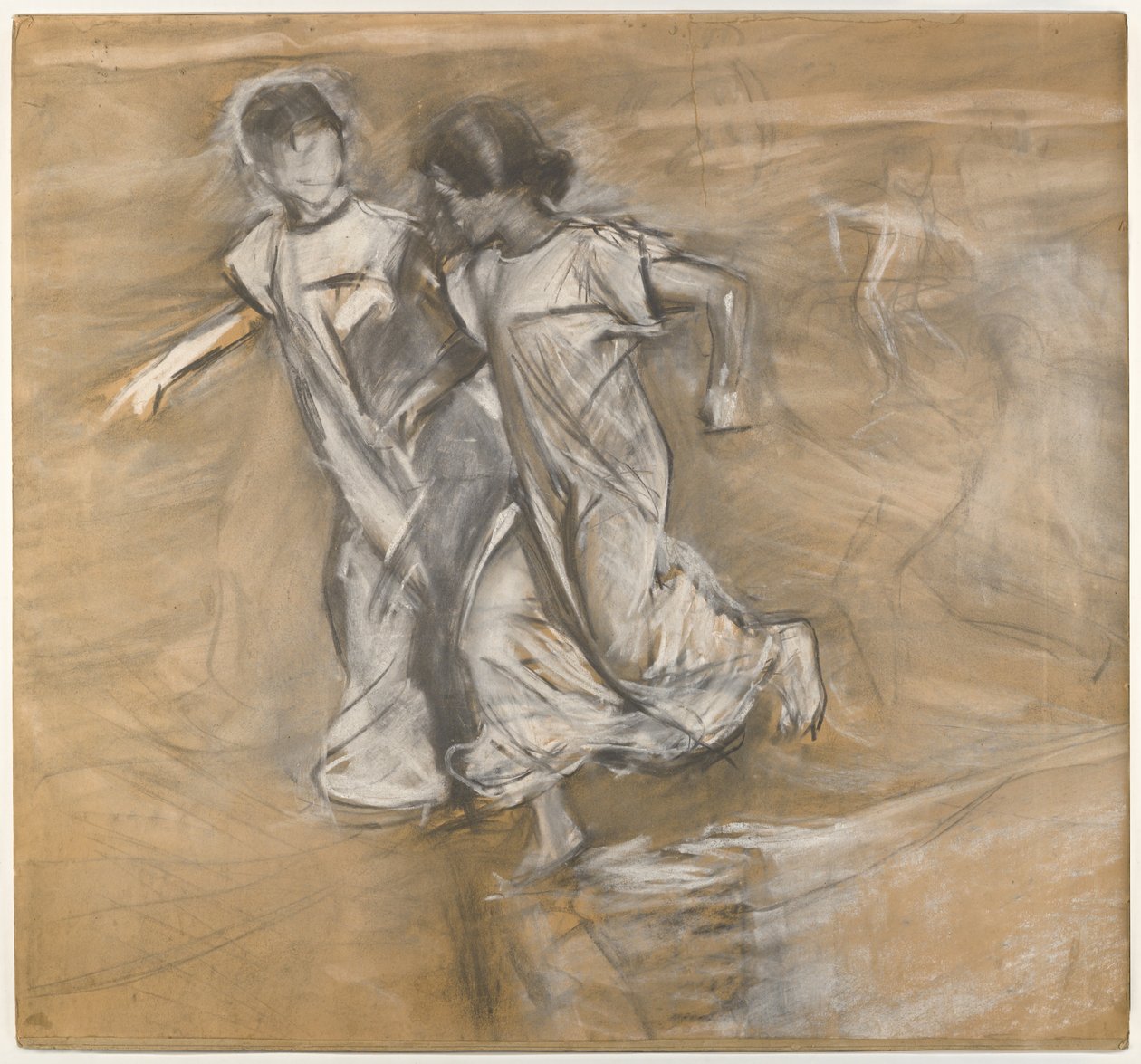 Untitled (Duas garotas de branco correndo no braço) (carvão, grafite e pastel branco) de Joaquín Sorolla