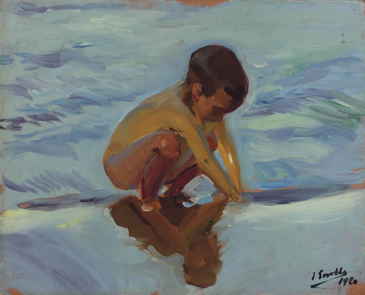 Luz de fundo na praia, criança agachada de Joaquín Sorolla