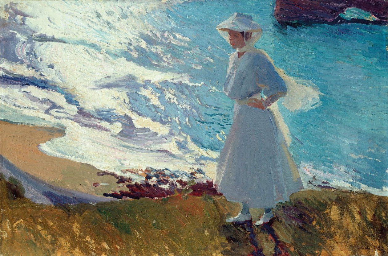 Maria na praia em Biarritz Gold Backlighting de Joaquín Sorolla