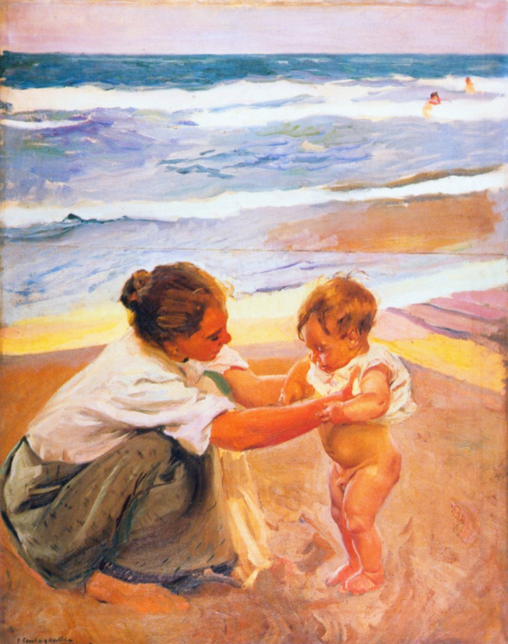 Mãe criança, praia de Joaquín Sorolla