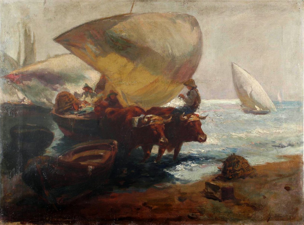 Cena de praia com figuras e touros de Joaquín Sorolla