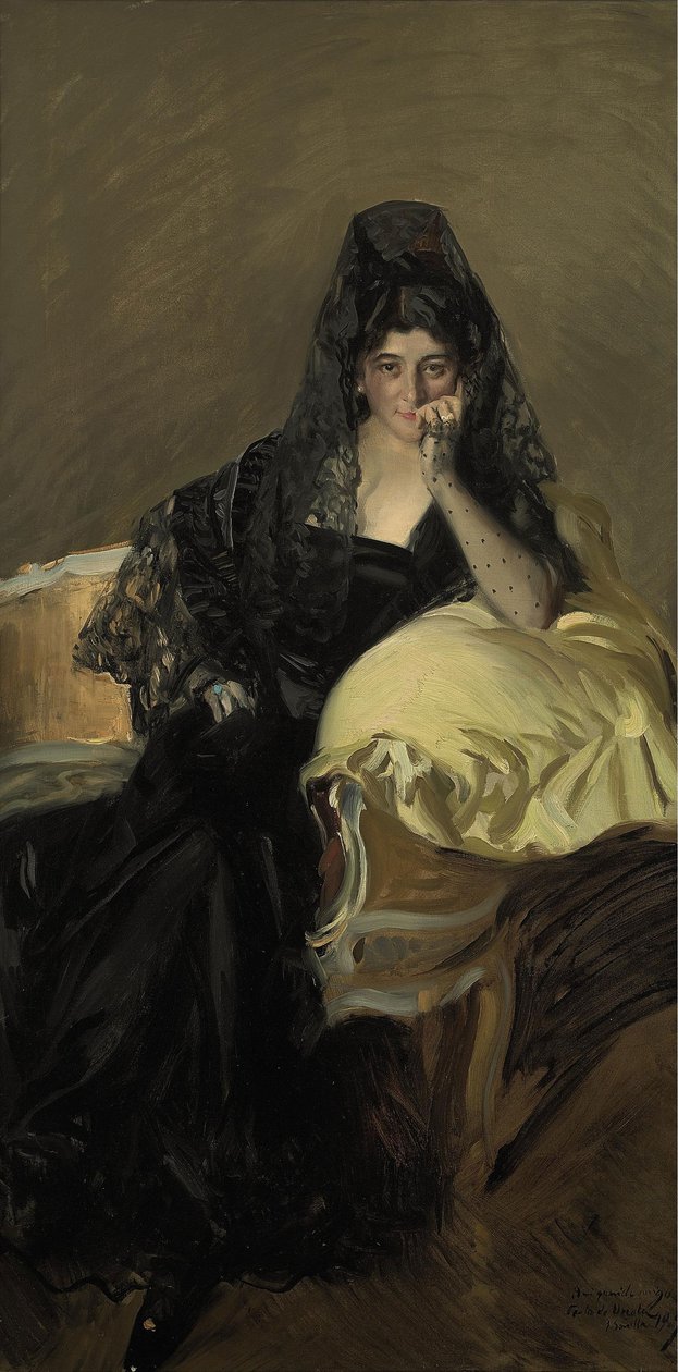 Retrato, de, senhora, de, urcola, desgastar, um, pretas, mantilla de Joaquín Sorolla