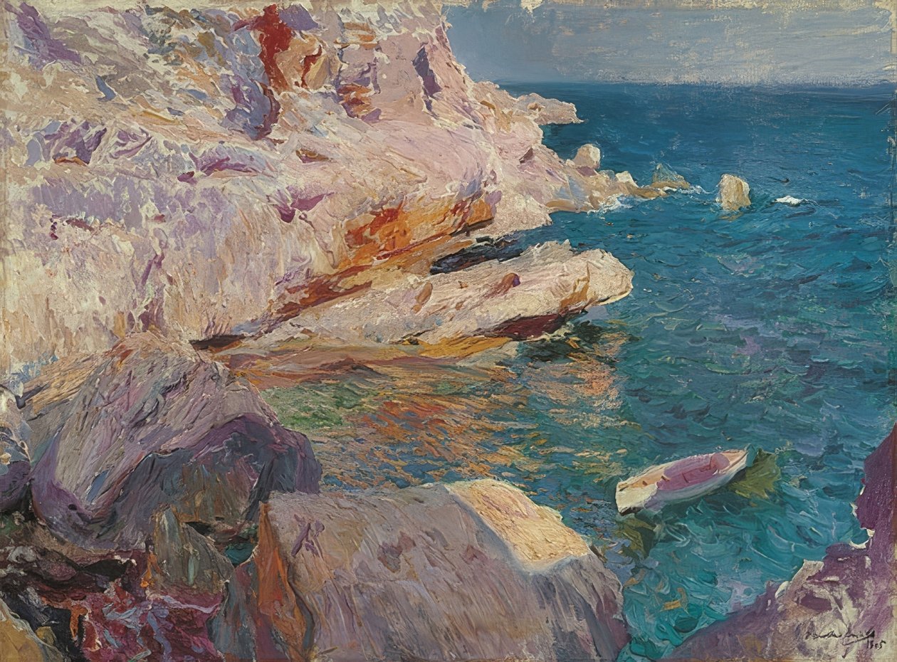 Jávea rock com barco branco. 1905 de Joaquín Sorolla