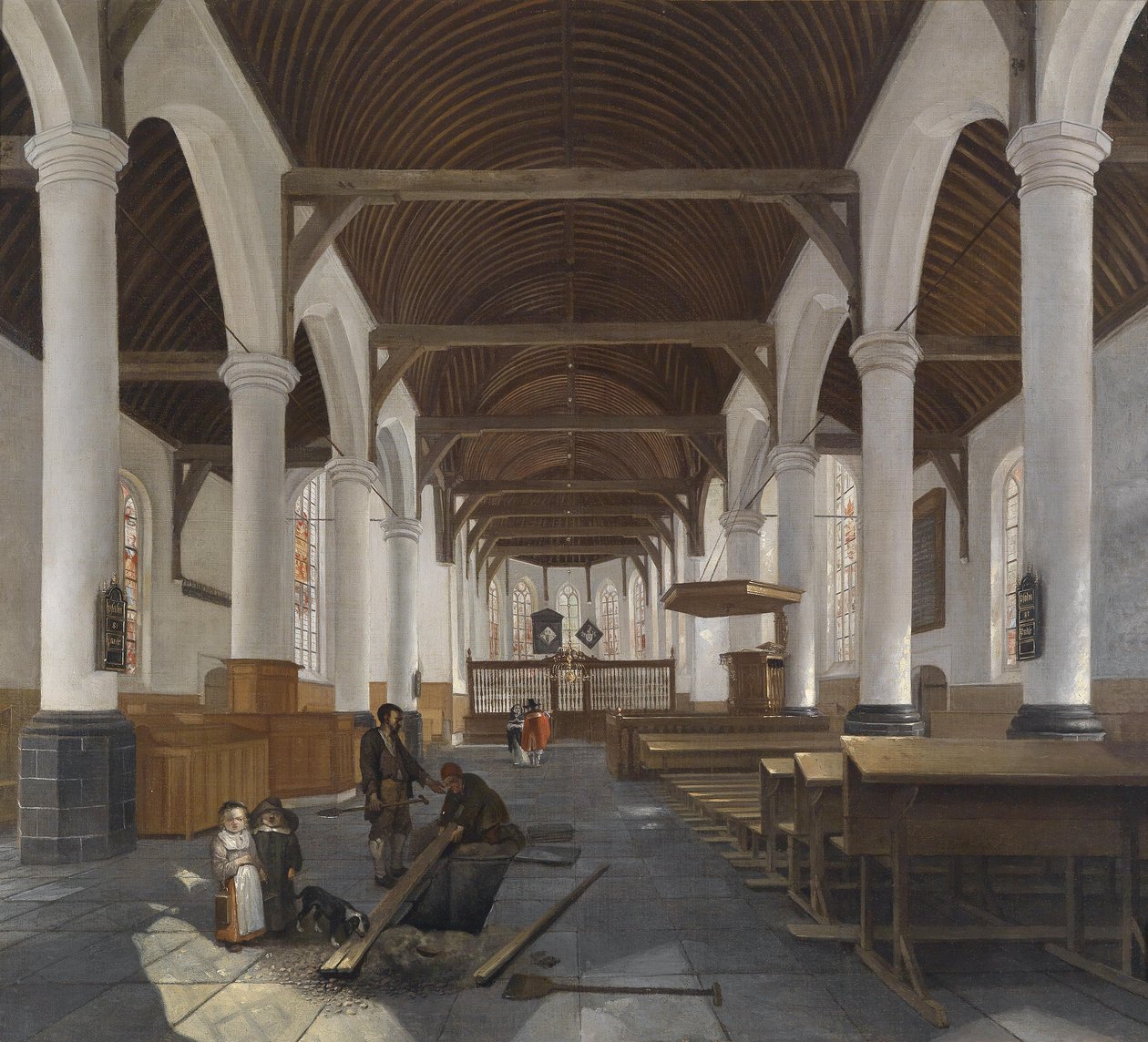 O interior de uma igreja barroca (o Oude Kerk em Amsterdã) de Job Berckheyde