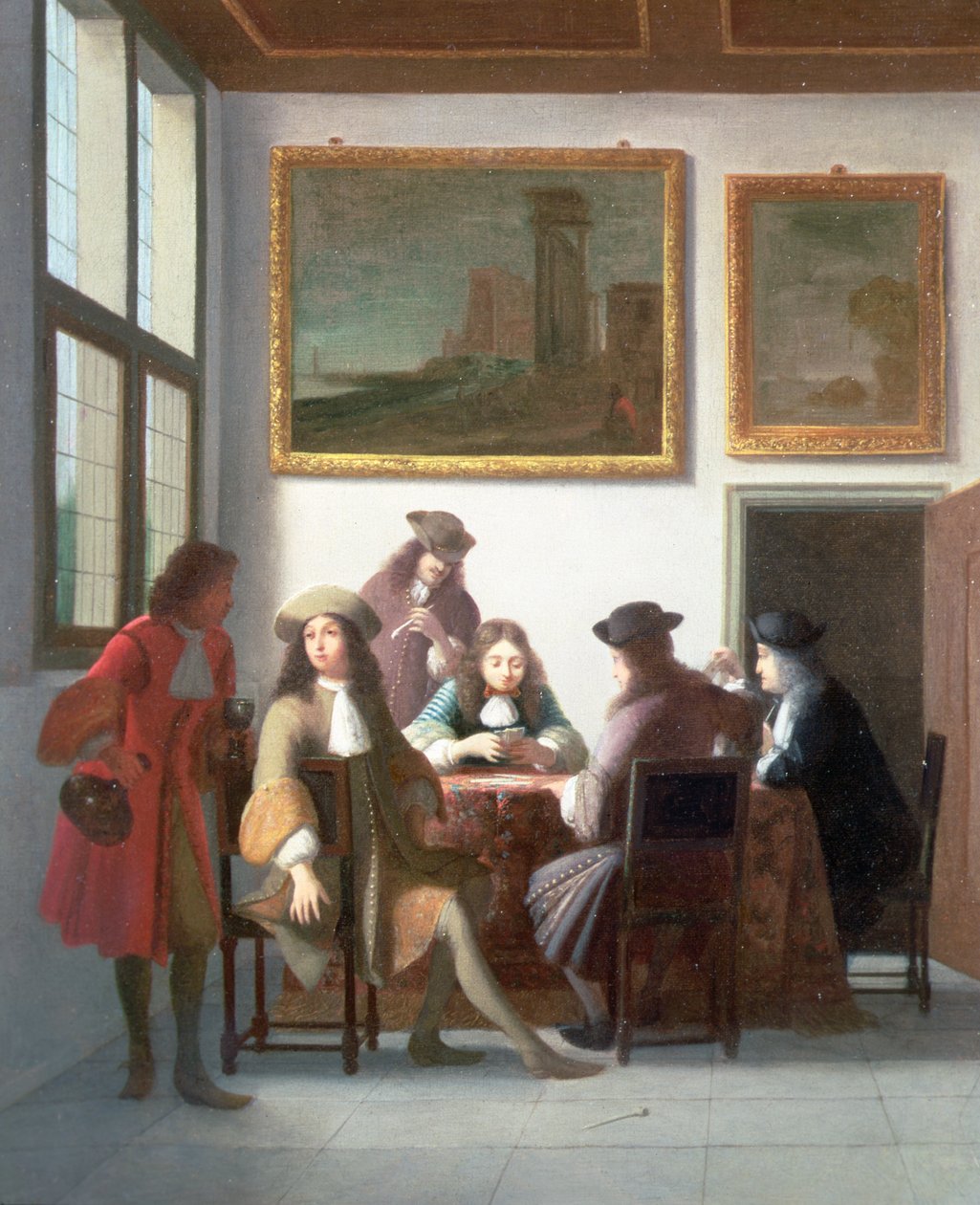 Um interior elegante com homens jogando cartas de Job Berckheyde