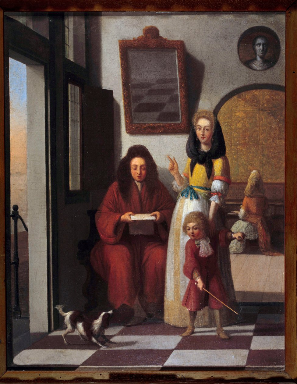 Cena do género Uma família num interior. A mãe mantém o filho a brincar com o cão. Pintura de Job Berckheyden (1630-1696) Século XVII Avignon, Museu Calvet de Job Berckheyde