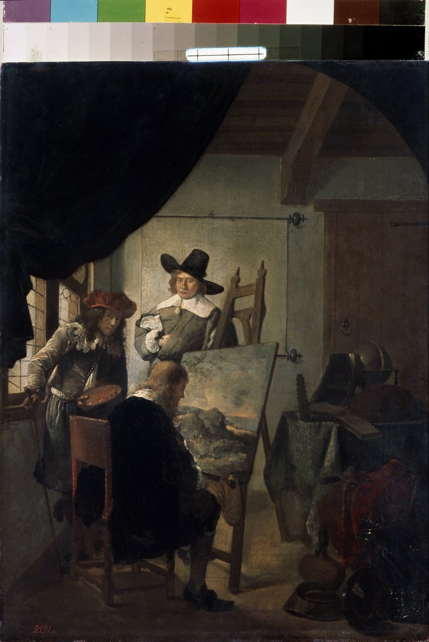 ""Visita ao estúdio de um pintor na Holanda"" (Visita ao estúdio de um artista) Pintura de Job Adriaensz Berckheyde (1630-1693) 1659 Museu Hermitage, São Petersburgo, Rússia. de Job Berckheyde