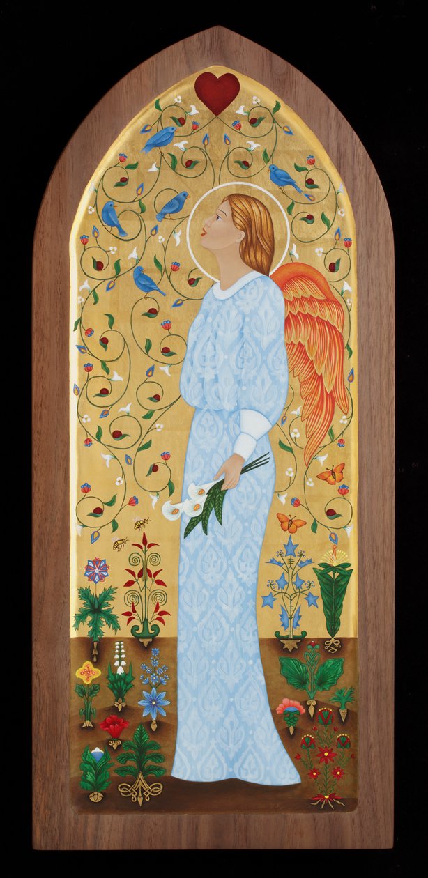 Anjo de jardim, 2015 (têmpera de ovo e ouro de 24 quilates sobre madeira) de Jodi Simmons