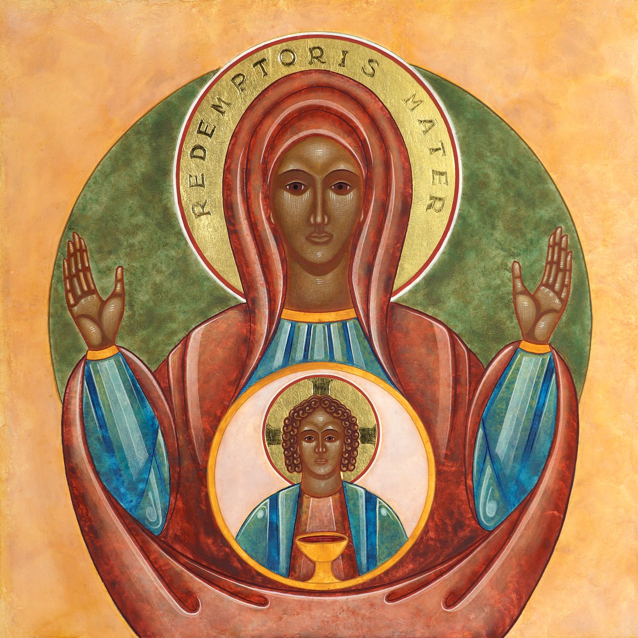 Redemptoris Mater, 2010 (têmpera de ovo e ouro de 24k sobre madeira) de Jodi Simmons