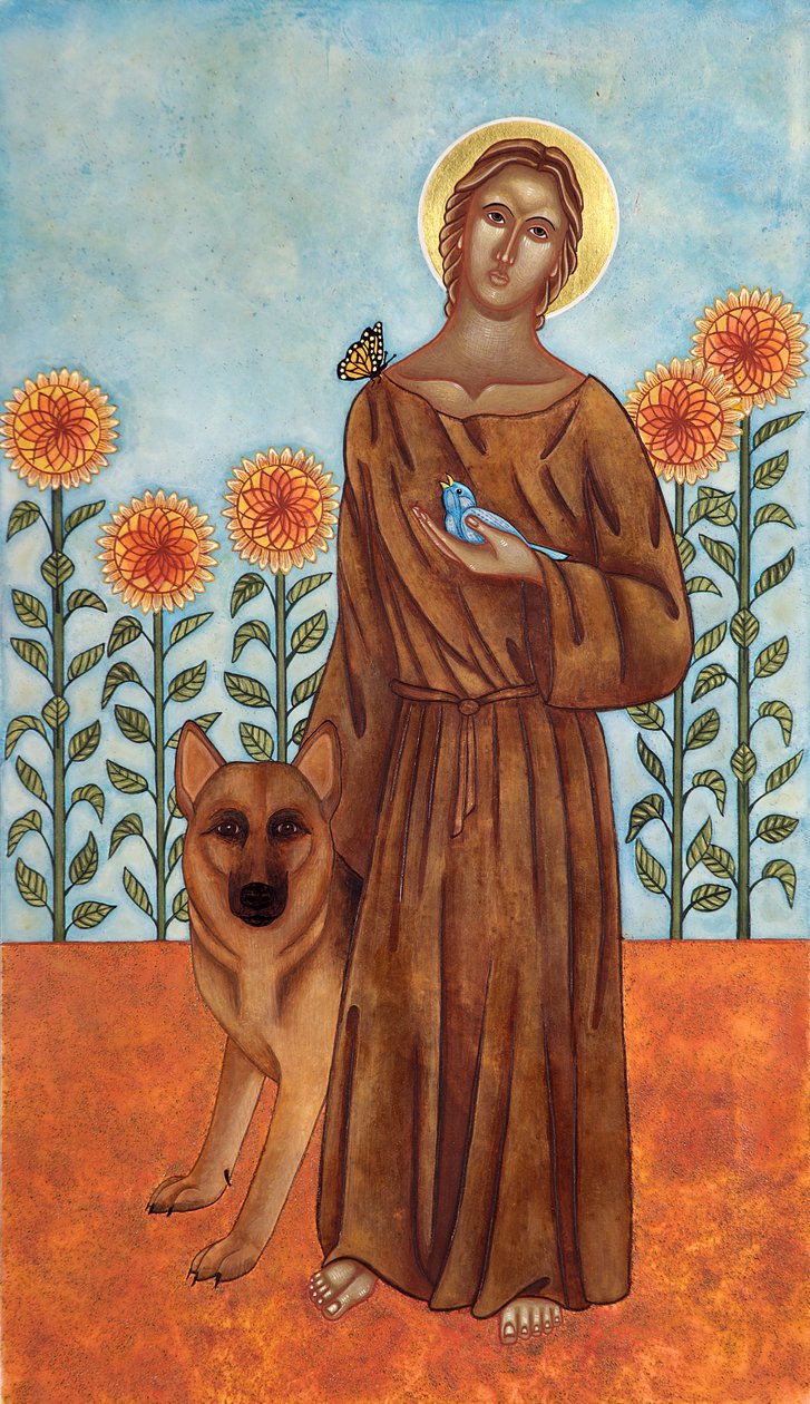 São Francisco e o lobo de Gubbio, 2009 (têmpera de ovo e ouro de 24 quilates sobre madeira) de Jodi Simmons