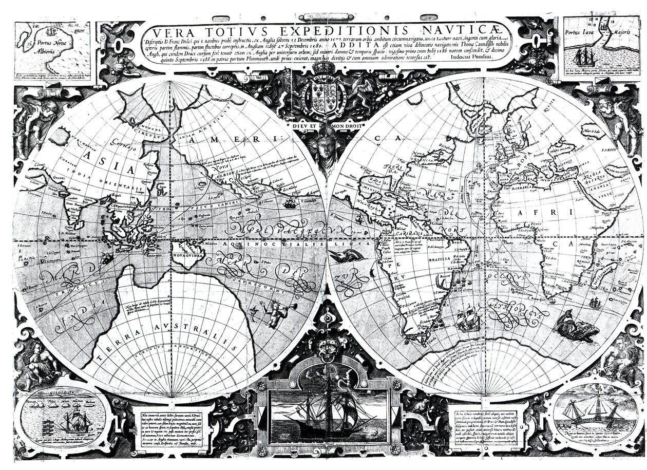 Mapa mundial; Vera Totius Expeditionis Nauticae, traçando a circunavegação do globo por (esquerda) Sir Francis Drake (1540-96) e (direita) Thomas Cavendish (1560-92) c.1595 de Jodocus Hondius