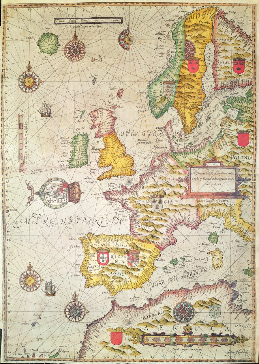 Um carde Generall, e descrição das costas marítimas da Europa, e navegação neste livro contado (gravura colorida à mão) de Jodocus Hondius