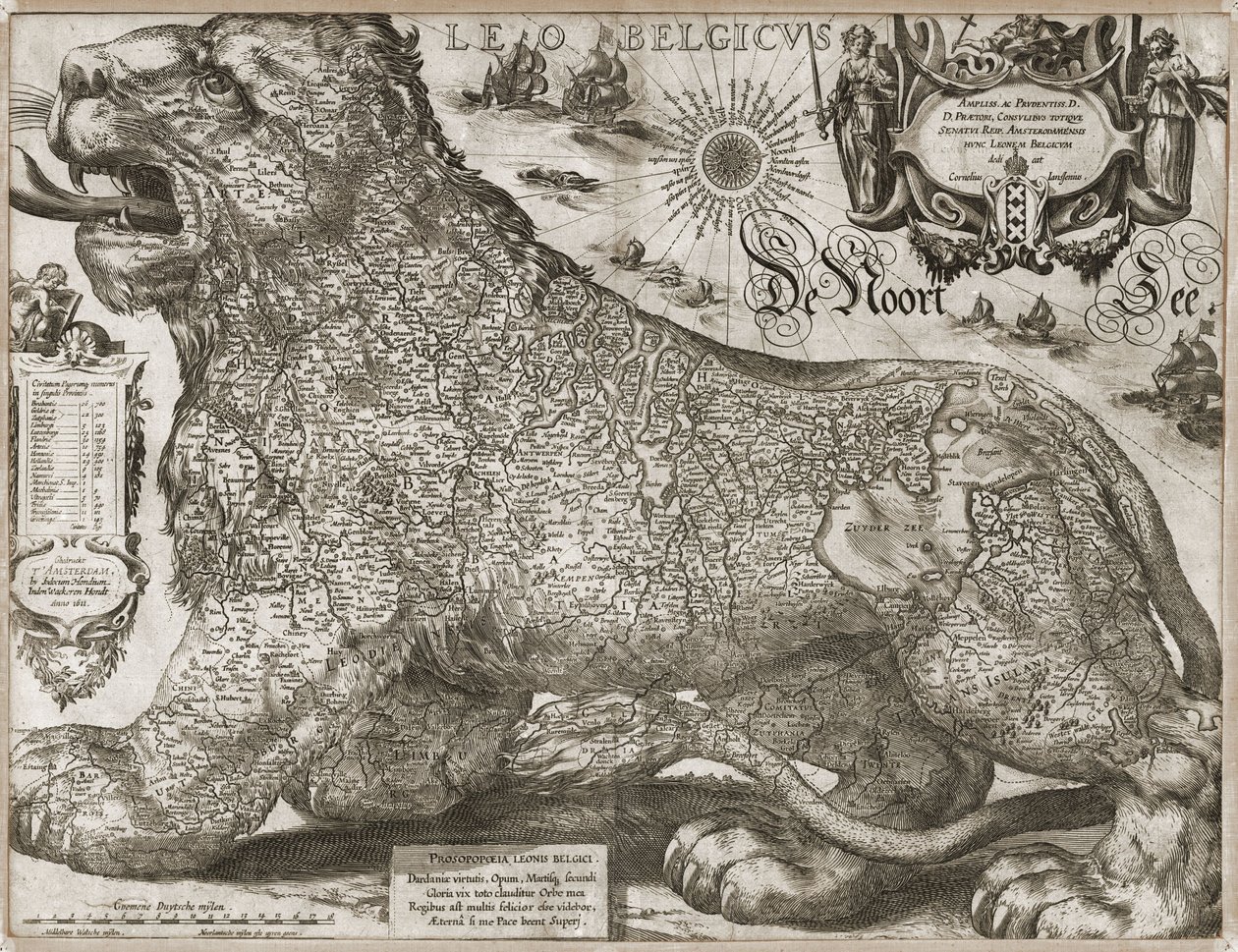 Leo Belgicus - mapa dos Países Baixos (1611) de Jodocus Hondius