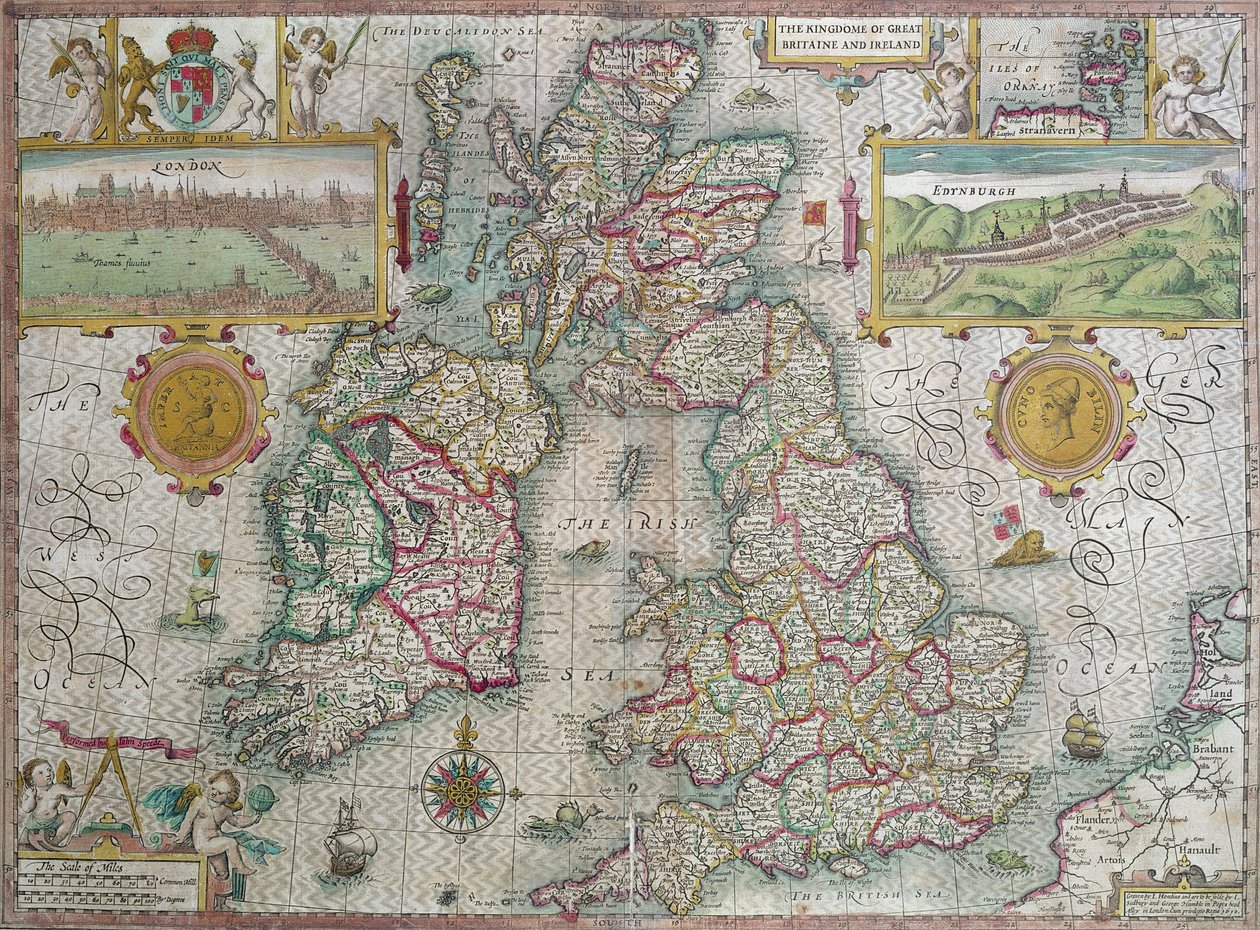 Mapa do Reino da Grã-Bretanha e Irlanda, 1610 (gravura colorida à mão) de Jodocus Hondius