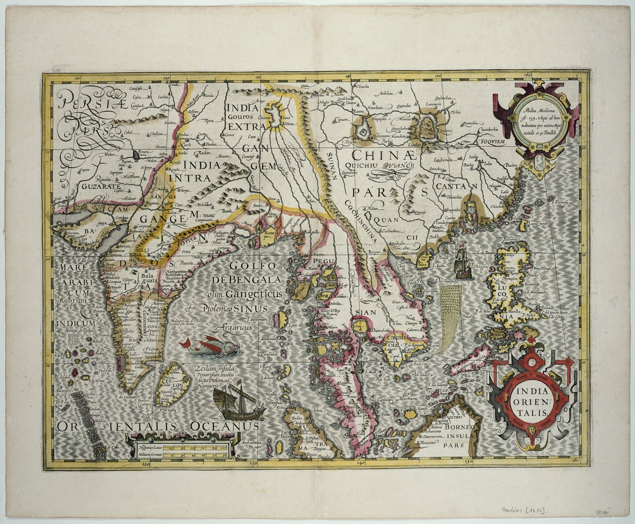 O subcontinente indiano para as Filipinas por meio das porções do norte do arquipélago indonésio e da península malaia, início do século XVII (gravura a cores) de Jodocus Hondius