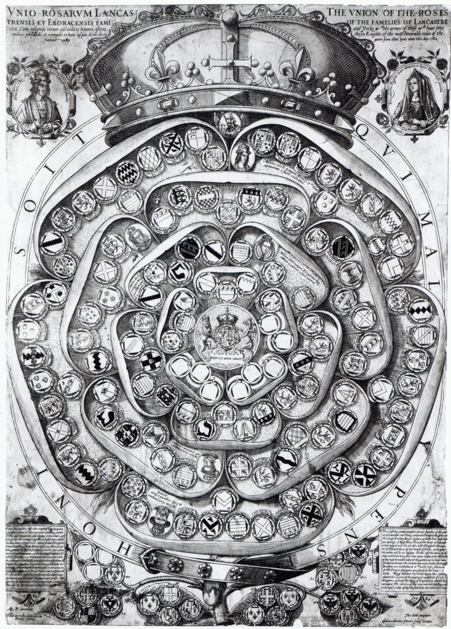 A União das Rosas das Famílias de Lancaster e York, 1589 (placa de gravura) de Jodocus Hondius