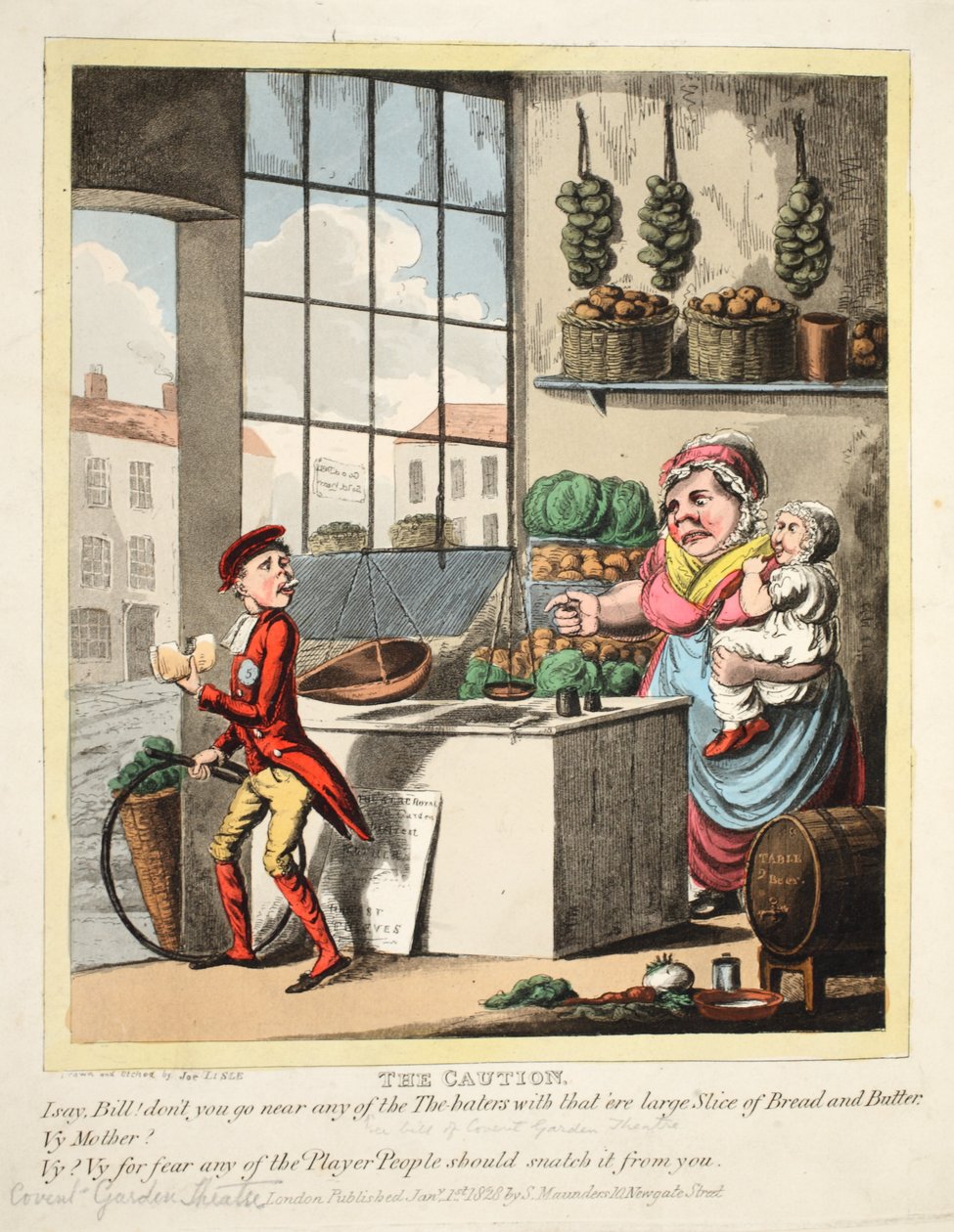 The Caution, Covent Garden Theatre, pub. 1828 (mão colorida engrving) de Joe Lisle