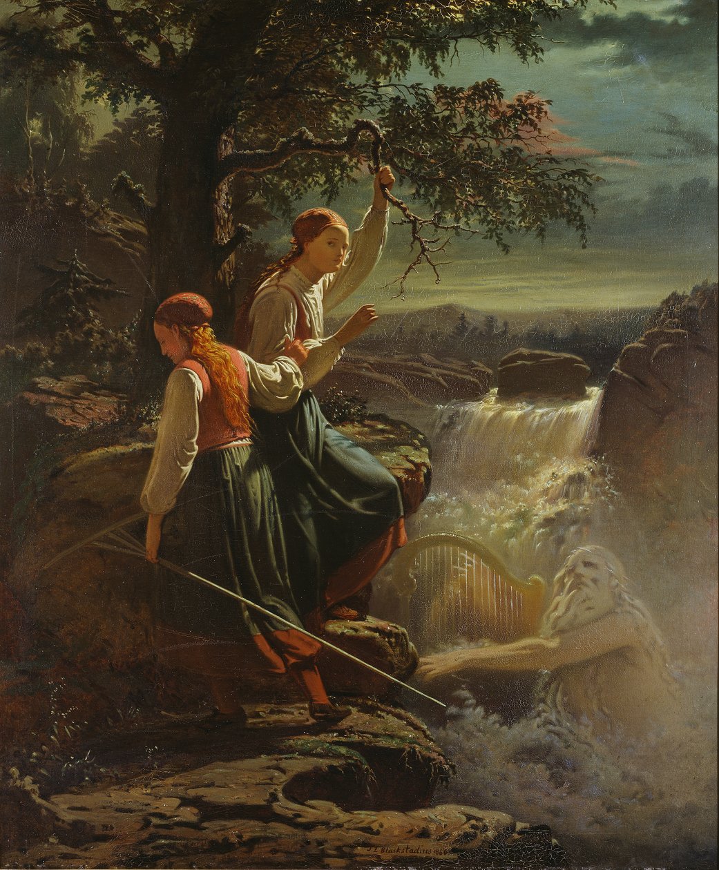 Duas meninas camponesas ouvindo o jogo da água-Sprite, 1860 de Johan Blackstadius