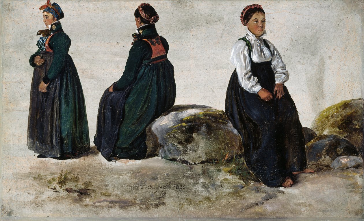 Estudos de trajes femininos de Luster em Sogn de Johan Christian Dahl