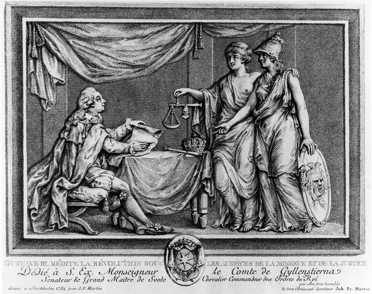Gustave III contemplando a Revolução sob os auspícios de Minerva e Justiça, 1784 de Johan Fredrik Martin