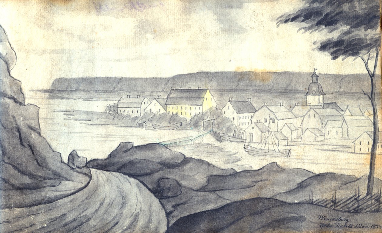 Inglês: desenho de vistas para Vänersborg do lado de Dalsland de Vänern de Johan Gustaf Thun