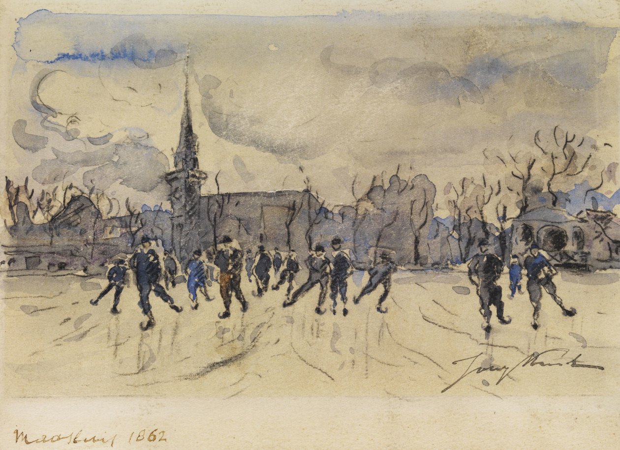 Johan Barthold Jongkind: Skater na frente da silhueta de uma cidade com um campanário de Johan Barthold Jongkind